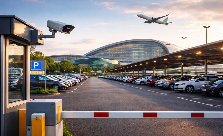 Secure parking lot near Dublin Airport with CCTV monitoring, barrier access, and covered vehicle bays during aircraft departure