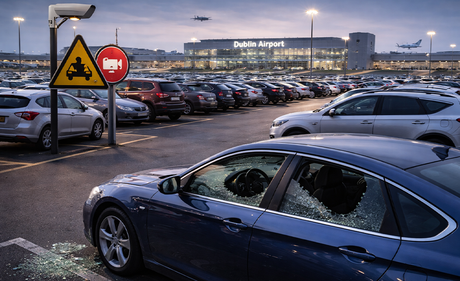 Damaged car parked in a Dublin Airport car park highlighting theft risks and the importance of secure airport parking