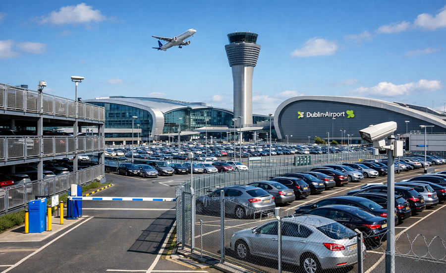Secure parking area at Dublin Airport with CCTV surveillance, parked cars, and terminal buildings visible in the background