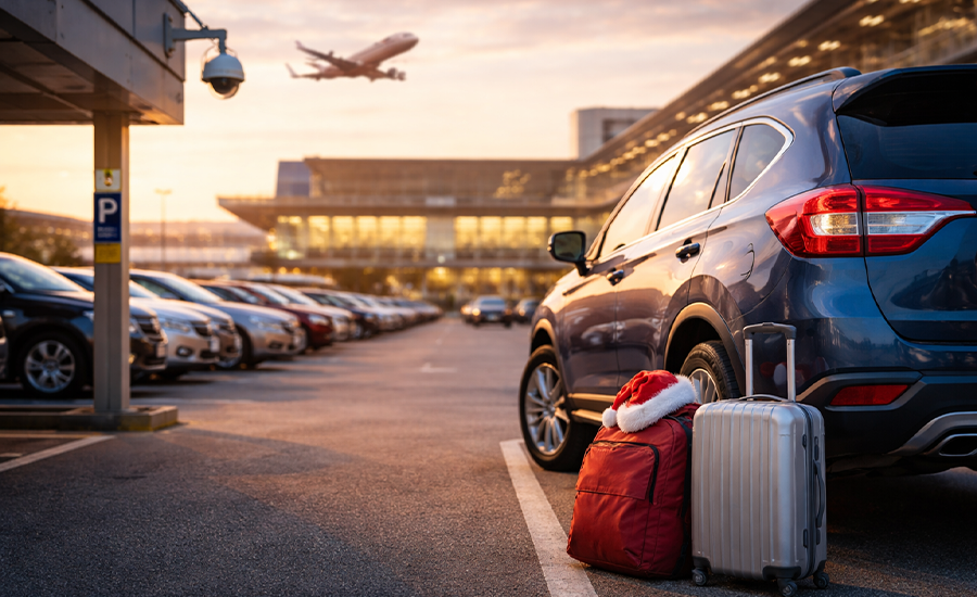 Car parked in a secure airport parking area during holiday travel with luggage beside the vehicle and an aircraft taking off in the background