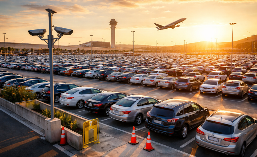 Busy airport parking area during peak travel season with rows of parked cars, CCTV security cameras, and an aircraft taking off in the background at sunset.