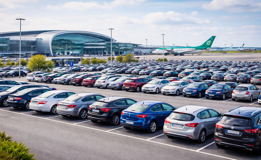 Airport parking lot near Dublin Airport with rows of parked cars and terminal building in the background