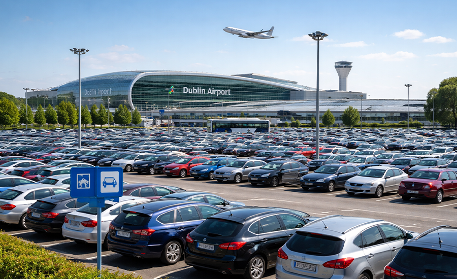 Busy parking area near Dublin Airport showing parked cars with terminal building in the background
