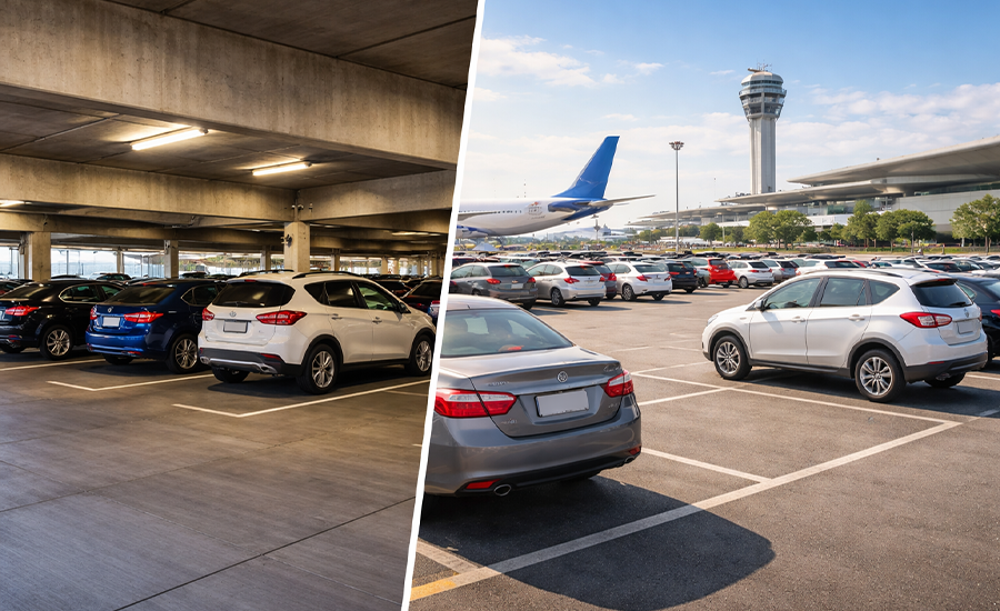 Covered parking garage compared with open parking lot near Dublin Airport, showing sheltered indoor parking versus outdoor airport car parking area