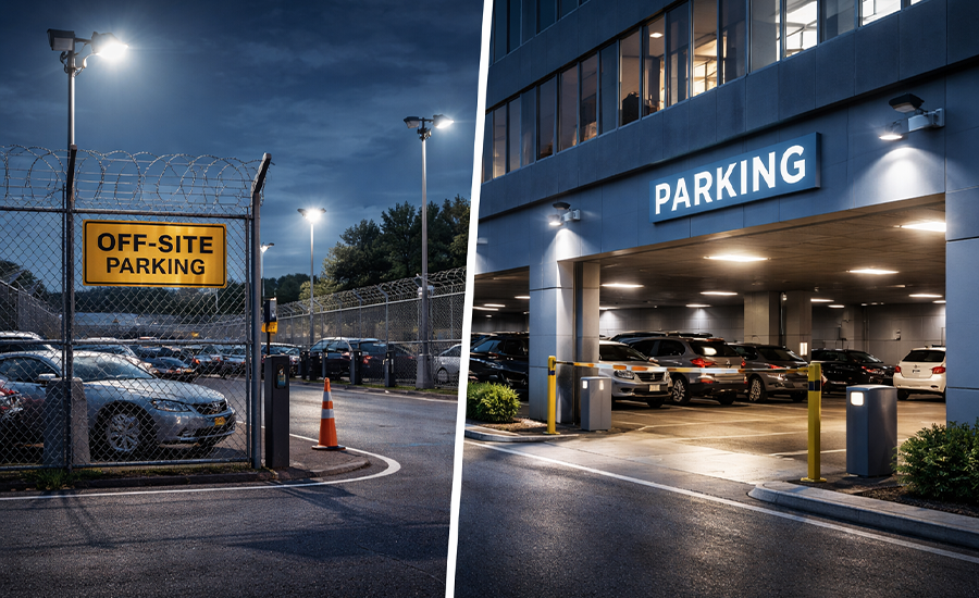 Comparison of off-site and on-site parking security near Dublin Airport showing gated outdoor parking and covered airport car park at night