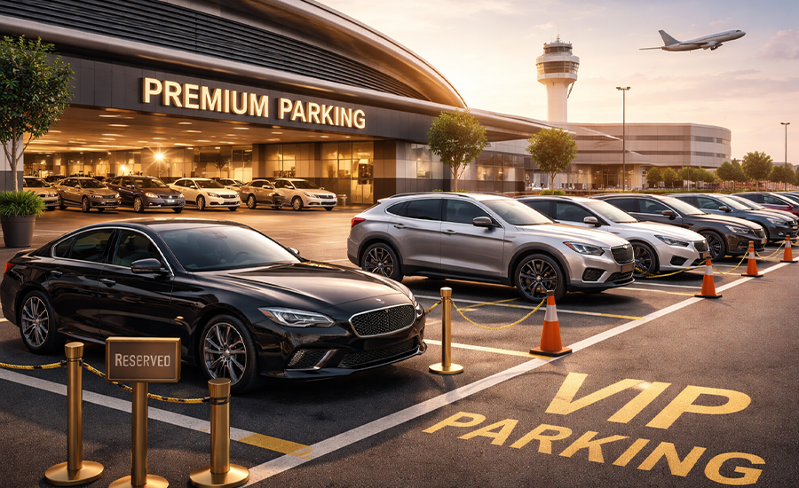 VIP and premium airport parking area with reserved spaces, modern vehicles, and terminal building in the background at Dublin Airport