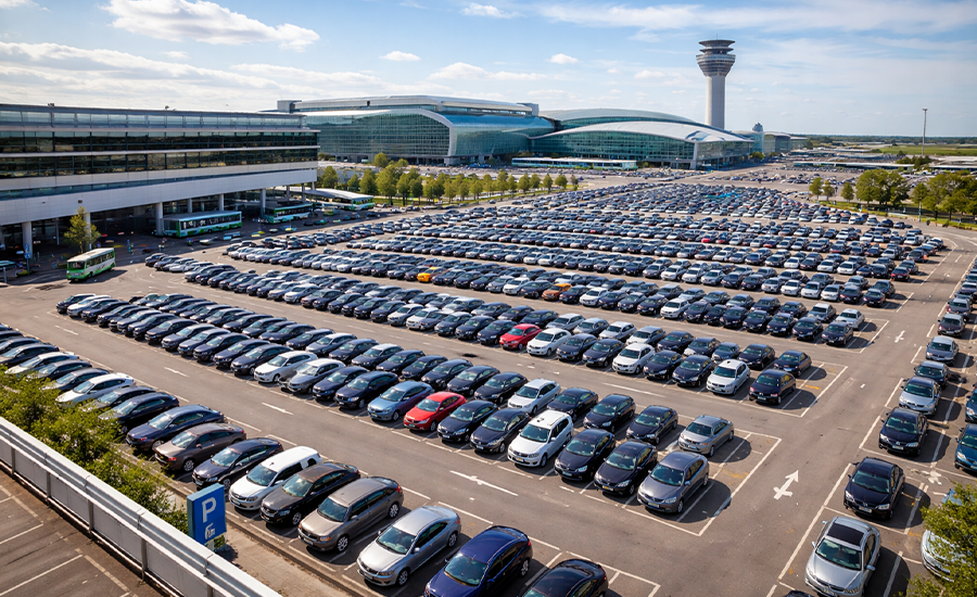 Dublin Airport parking area showing large car lot near the terminal with organised vehicle rows and airport buildings in the background