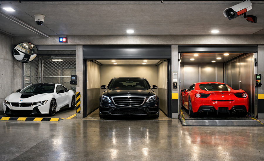 Luxury cars parked in a secure indoor parking facility with CCTV surveillance near Dublin Airport