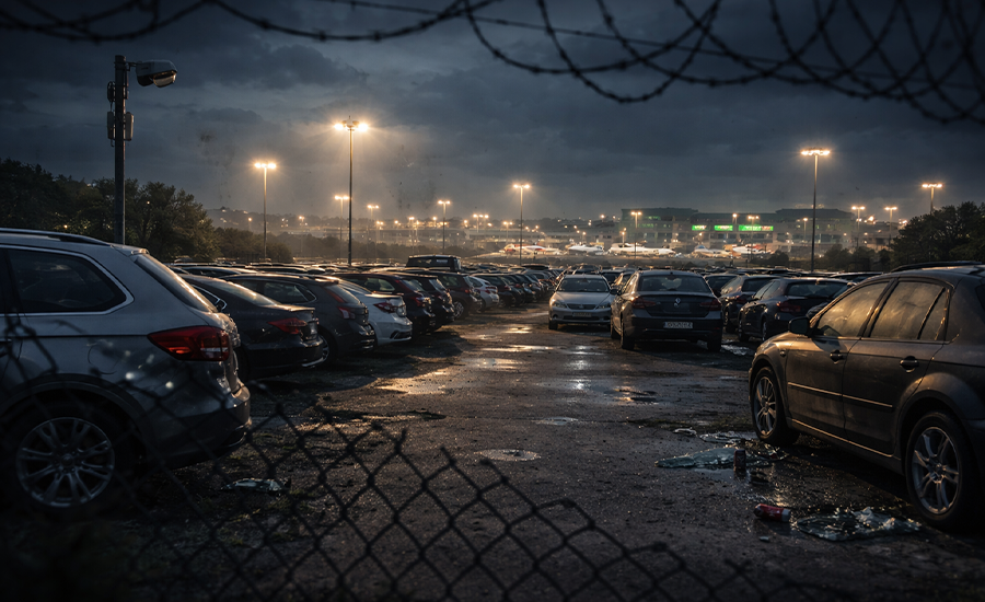 Secure off-site parking lot near Dublin Airport at night with parked cars, lighting, and perimeter fencing visible
