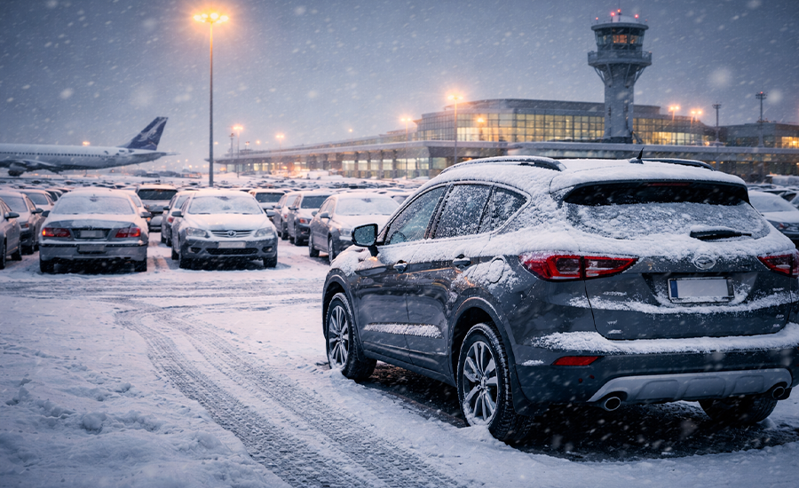 ar parked in airport parking during winter with snowfall and terminal visible in the background