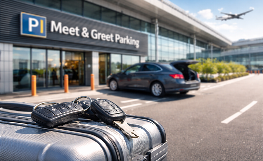 Meet and greet parking service at Dublin Airport showing car keys on luggage outside terminal