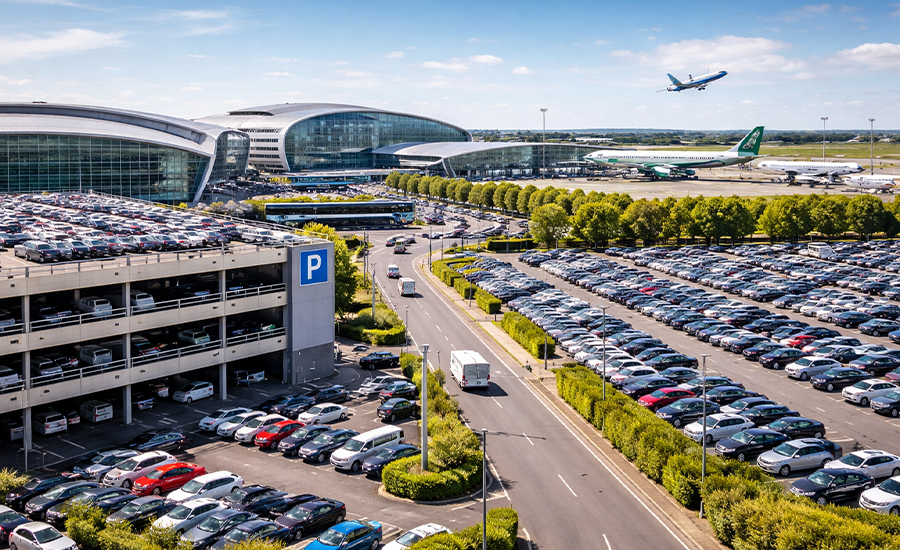 Dublin Airport parking areas showing on site car parks close to the terminal with vehicles parked near the airport buildings