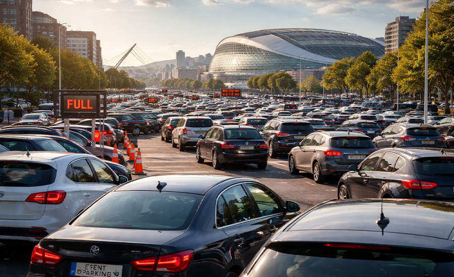 Traffic congestion and full parking areas near a major Dublin event venue during a busy event day