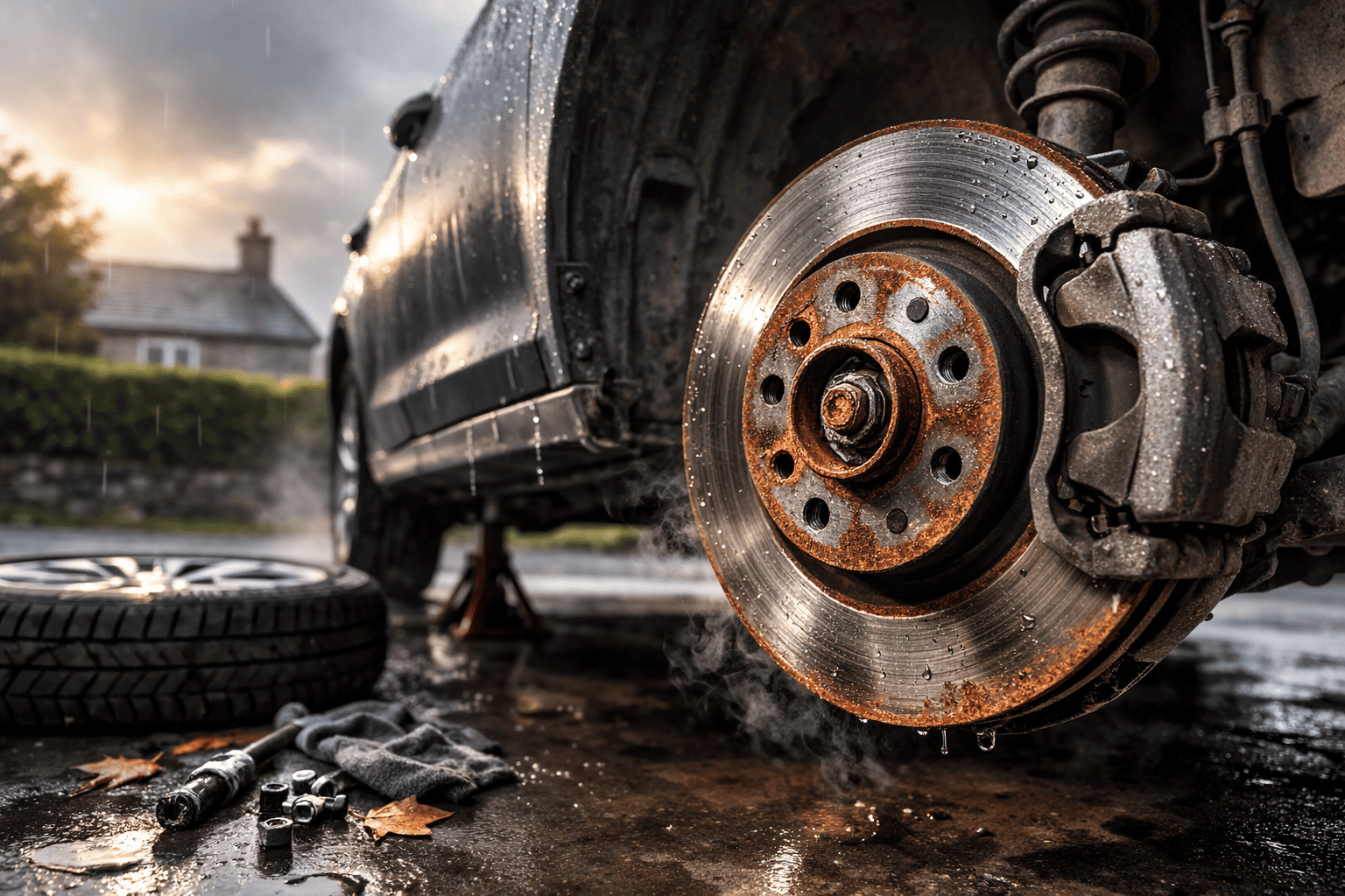 Light surface rust on car brake disc after long-term parking in damp Irish weather Light surface rust on car brake disc after long-term parking in damp Irish weather