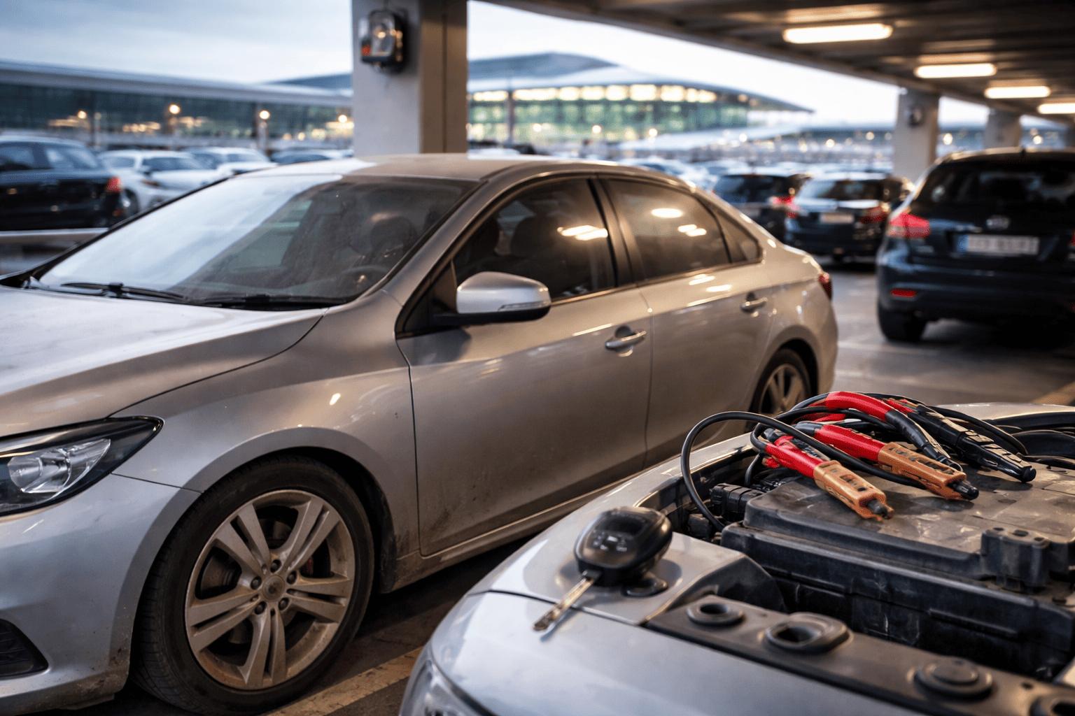 Car parked long term at Dublin Airport parking facility with battery jump starter equipment nearby